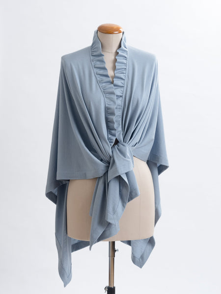 Powder blue Coco belted Merino wool wrap, tie it into place for this look.