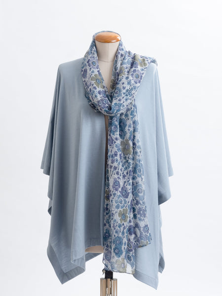 Lulu floral silk scarf, 100% silk Yoryu, sheer georgette like silk with a floral pattern teamed with a powder blue Muse wrap.