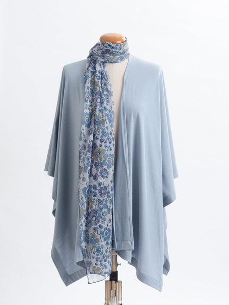 Lulu floral silk scarf, 100% silk Yoryu, sheer georgette like silk with a floral pattern teamed with a powder blue Muse wrap.