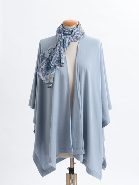 Lulu floral silk scarf, 100% silk Yoryu, sheer georgette like silk with a floral pattern teamed with a powder blue Muse wrap.