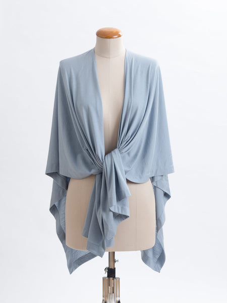 Powder blue Muse Merino wrap, tie it several ways to achieve different looks.