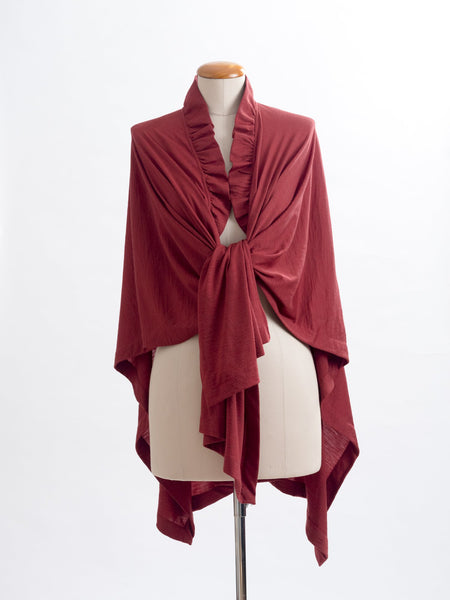 Garnet rust Coco Merino wool wrap, tie it several ways to achieve different looks.