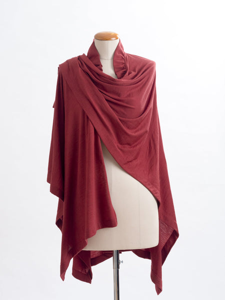 Garnet rust Coco Merino wool wrap, tie it several ways to achieve different looks.