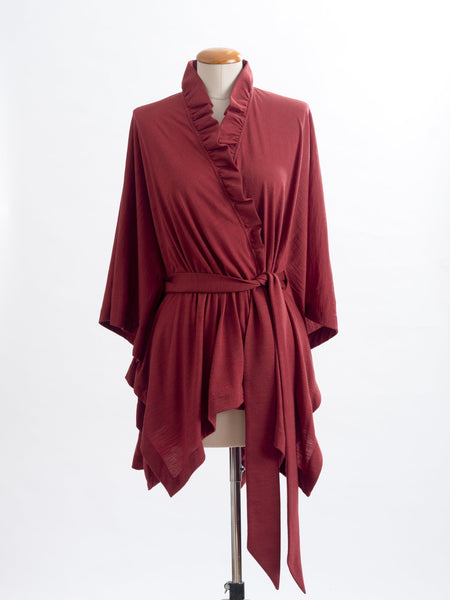 Garnet rust Coco belted Merino wool wrap, tie it into place to highlight your waist.