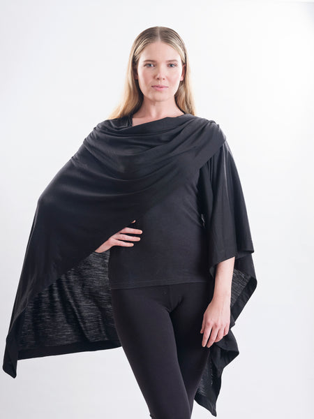 Black Muse Merino wool wrap, drapes easily into place on your shoulder.
