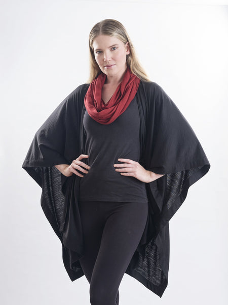 Garnet rust Caterina Infinity Scarf teamed here with the Muse Wrap in Black.