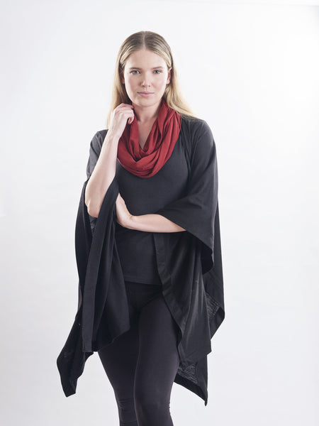 Garnet rust Caterina Infinity Scarf teamed here with the Muse Wrap in Black.