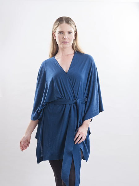 Teal Muse belted Merino wool wrap, tie it into place to highlight your waist with the belt.