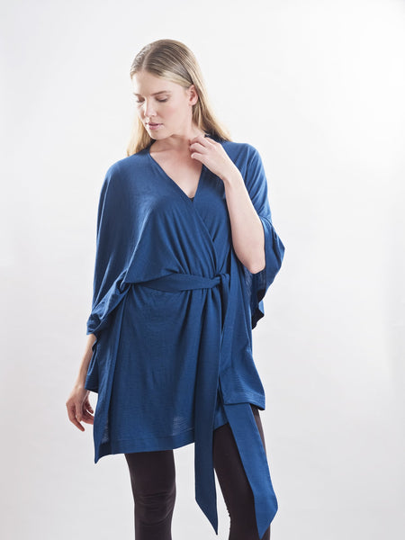 Teal Coco belted Merino wool wrap, tie it into place to highlight your waist with the belt.