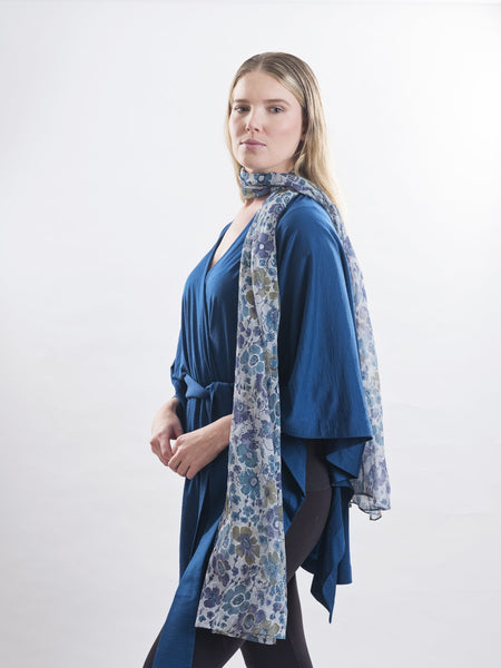 Lulu floral silk scarf, 100% silk Yoryu, sheer georgette like silk with a floral pattern teamed with a teal belted Muse wrap.