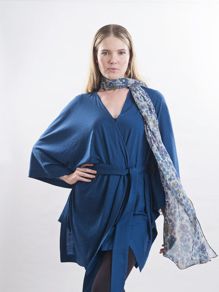 Lulu floral silk scarf, 100% silk Yoryu, sheer georgette like silk with a floral pattern. teamed with a teal belted Muse wrap.