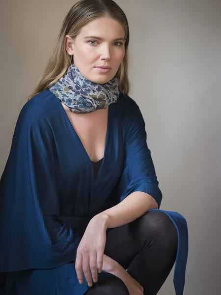 Lulu floral silk scarf, 100% silk Yoryu, sheer georgette like silk with a floral pattern teamed with a teal belted Muse wrap.