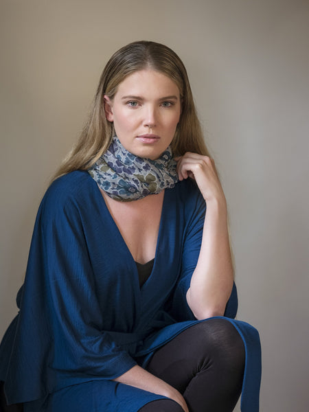 Lulu floral silk scarf, 100% silk Yoryu, sheer georgette like silk with a floral pattern teamed with a teal belted Muse wrap.