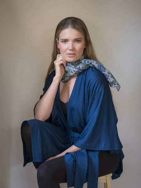 Lulu floral silk scarf, 100% silk Yoryu, sheer georgette like silk with a floral pattern. teamed with a teal belted Muse wrap.