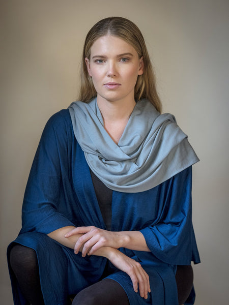 Powder blue Paris Merino wrap layered here onto a Muse belted wrap.