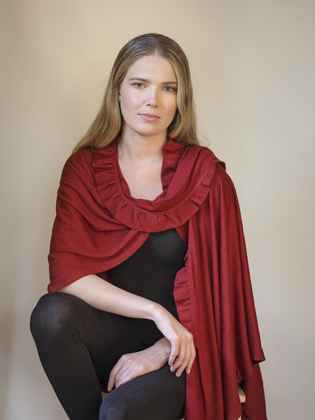 Garnet rust Merino wool, the Coco frill sits up onto your neck for extra coverage and  pretty detailing.