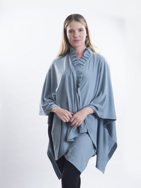 Powder blue Merino wool, the Coco frill sits up onto your neck for extra coverage and  pretty detailing.