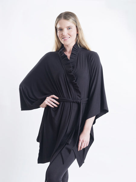 Black Coco belted Merino wool wrap, tie it into place to highlight your waist.