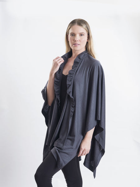 Charcoal Coco Merino wool wrap, drape it several ways to achieve different looks.