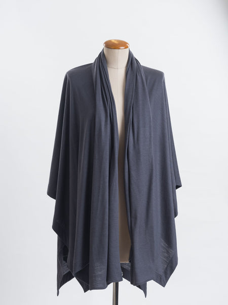 Charcoal Elle Merino wool scarf layered over a charcoal muse wrap for a collar effect.