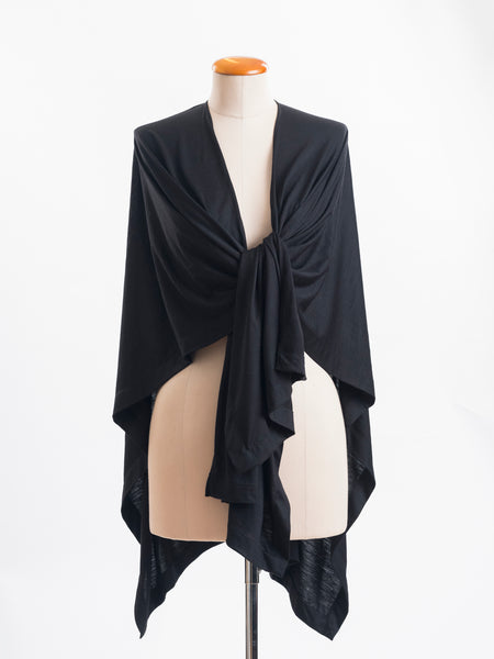 Black Muse Merino wool wrap, tie it several ways to achieve different looks.