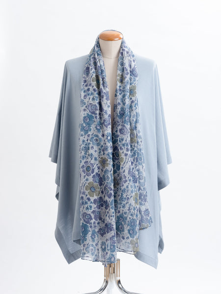 Lulu floral silk scarf, 100% silk Yoryu, sheer georgette like silk with a floral pattern teamed with a powder blue Muse wrap.