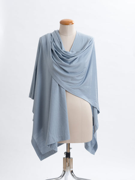 powder blue Muse Merino wrap, drape it several ways to achieve different looks.
