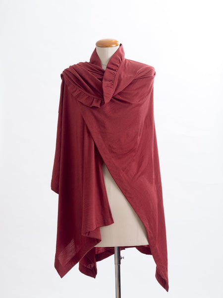 Garnet rust Coco Merino wool wrap, drapes easily over your shoulder. 