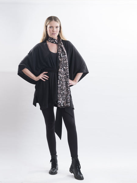 Marion Chocolate Dream Silk Indulgence Scarf teamed with a black Muse belted Merino wrap.