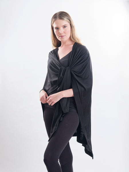 Black Muse Merino wool wrap, tie it several ways to achieve different looks.