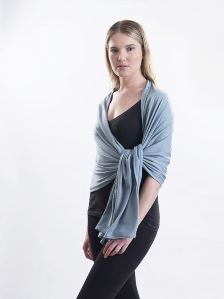 Great for travel, light weight and warm, the stunning Merino jersey stretches for extra movement and comfort. Pictured in powder blue.
