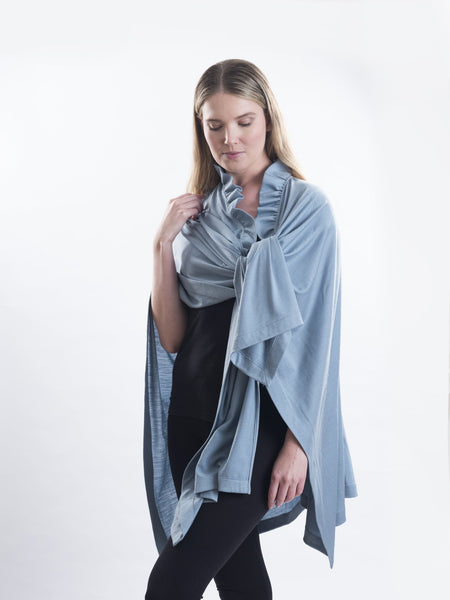 Powder blue Coco Merino wool wrap, tie it several ways to achieve different looks.