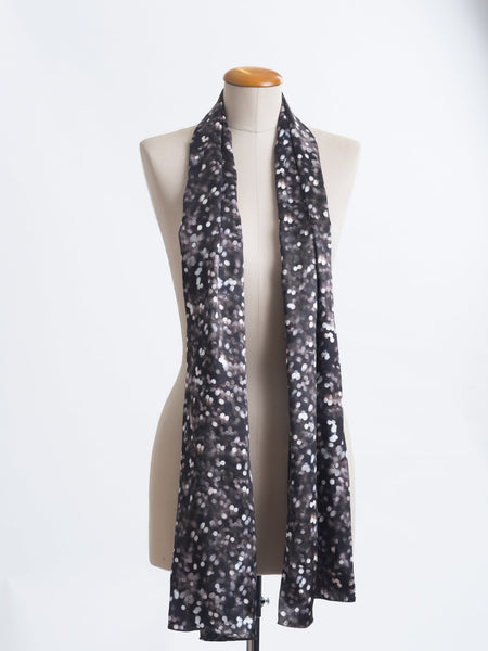 Marion Chocolate Dream Silk Indulgence scarf, brush strokes of ivory and taupe with a hint of avocado, finished with a slight touch of blue on a chocolate satin base. 